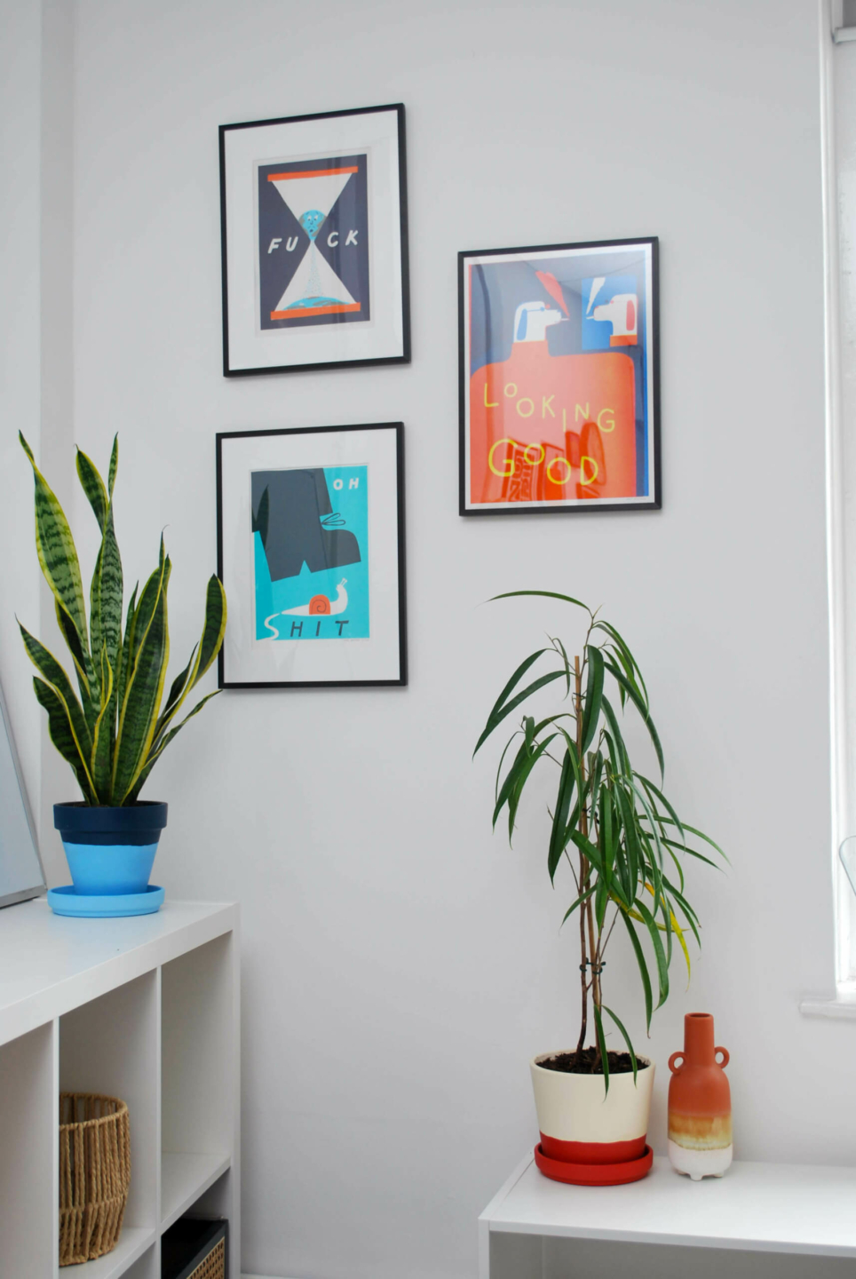 Modern room with framed colorful art, two potted plants, and white shelving, creating a vibrant, minimalist vibe.
