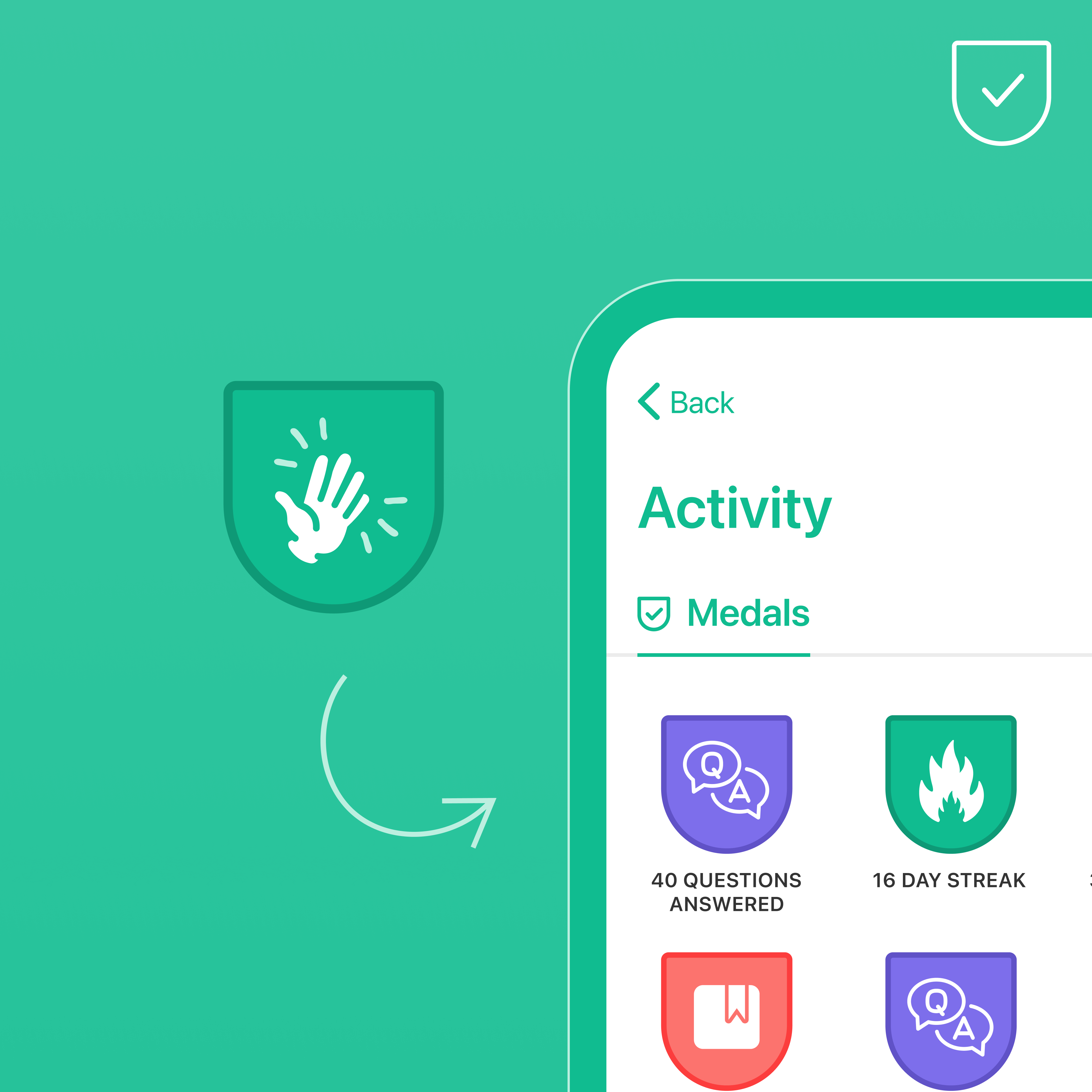 Mobile app achievements screen showing badges for completed quizzes and streaks.
