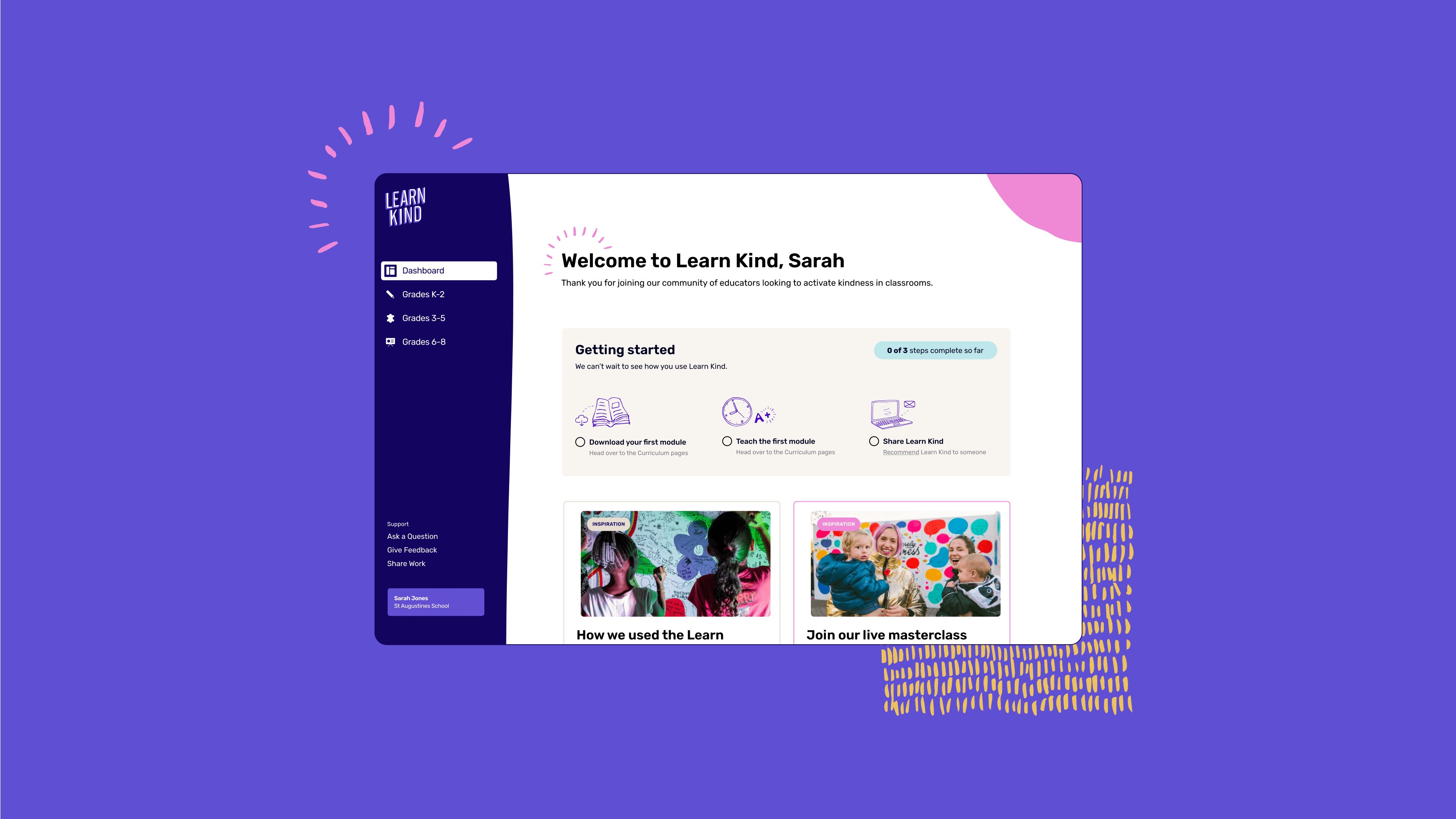 Learn Kind dashboard interface on purple background, showing educational tools and community features.