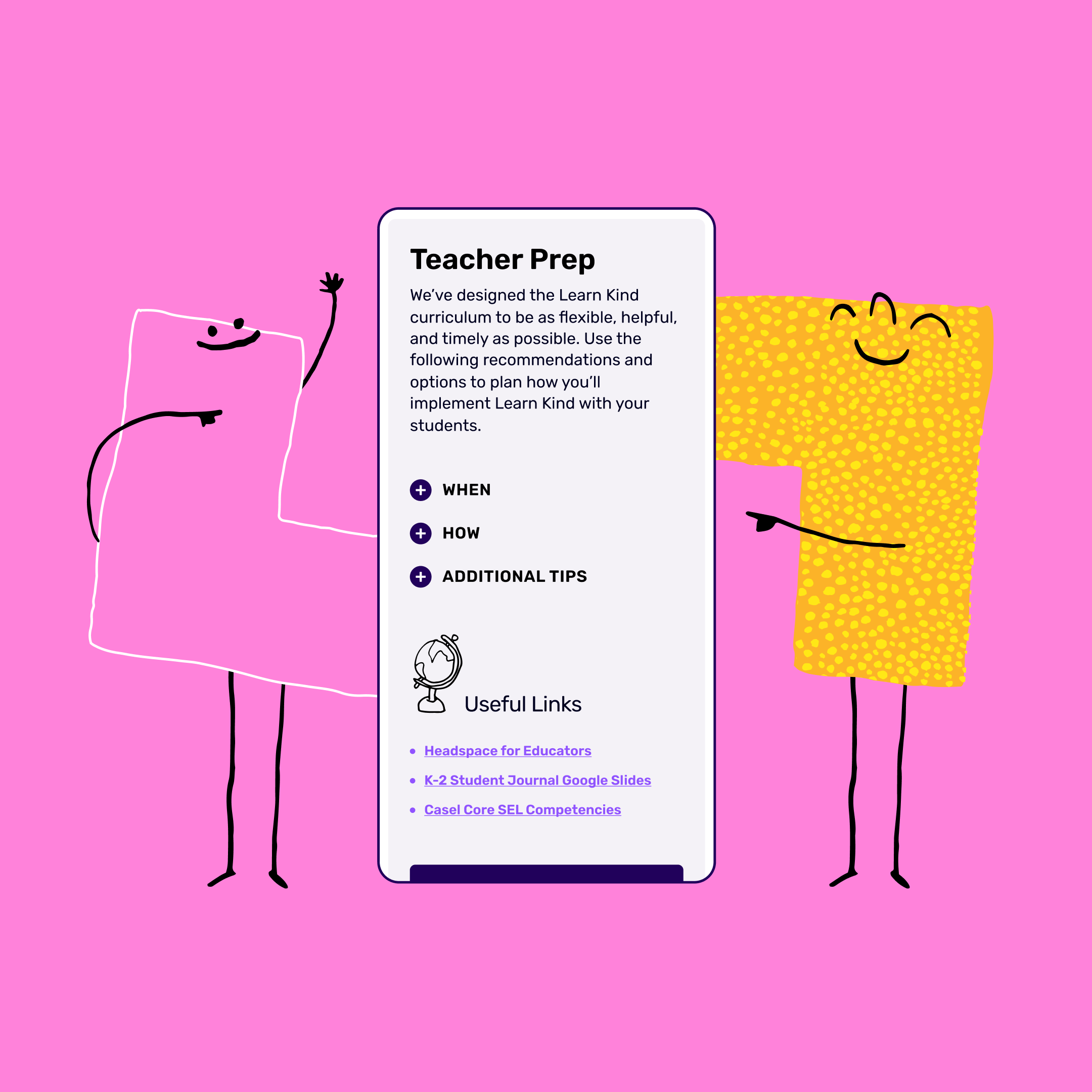 Cartoon figures highlight a Teacher Prep guide on a pink background with tips and links for educators.